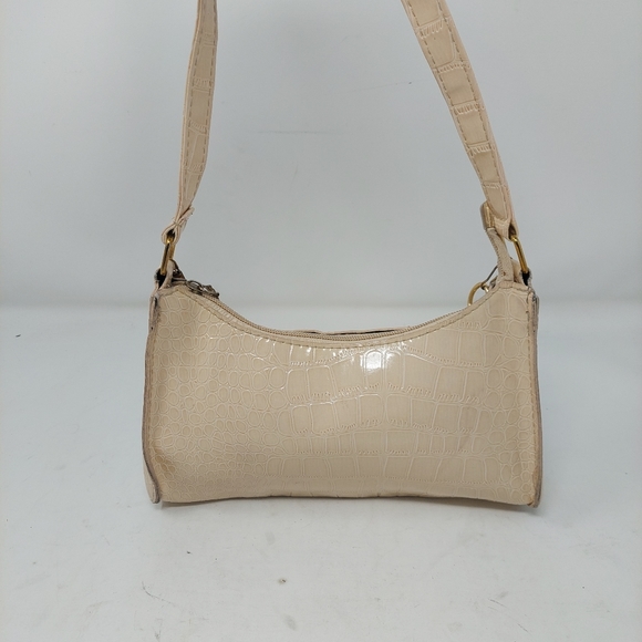 Cream Croc Embossed Patent Leather Gold Chain Accent Baguette Shoulder Bag Retro - Picture 4 of 10